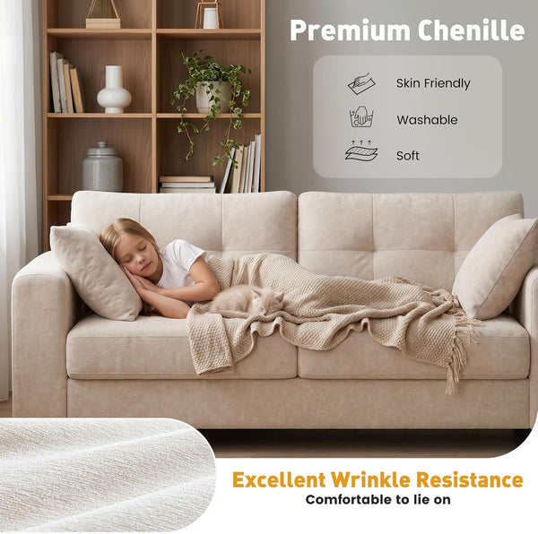 70" Loveseat Sofa with Type-C/2 USB Charger Ports, Chenille Upholstered Couch with Storage Pockets, Spring Cushion, Removable Cover, Modern Love Seat for Living Room, Bedroom, Office, Small Spaces5