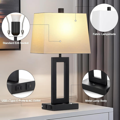 Black Bedside Table Lamp Set of 2,Nightstand Lamps with USB Ports2