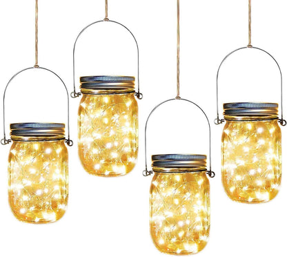 Solar Mason Jar Lights,4 Pack 30 Led Starry Fairy String Hanging Jar Lights,Solar Lanterns for Outdoor Patio Party Garden Wedding Halloween Christmas Projector Decor Light(Mason Jars/Handles Included)1