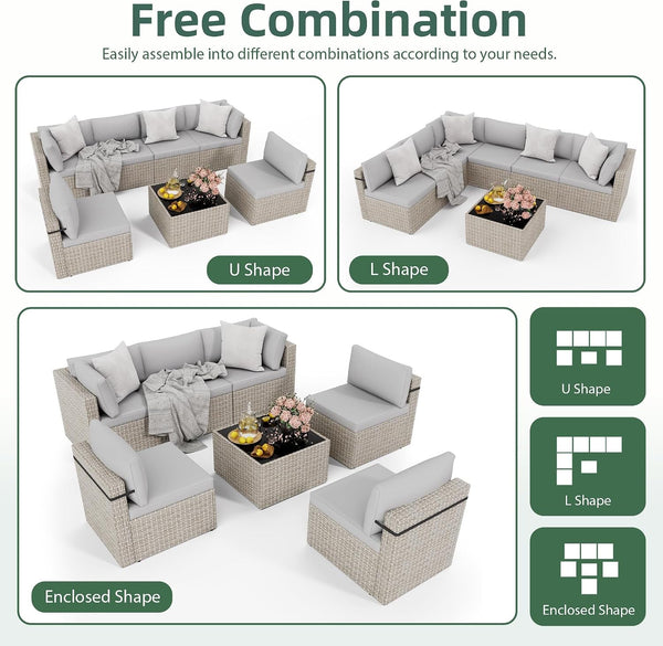 7-Piece Outdoor Sectional Sofa Set, Weather-Resistant Patio Furniture Set with Washable Cushions and Coffee Table, Grey Rattan Patio Conversation Set for Poolside, Backyard, Deck (Grey)4