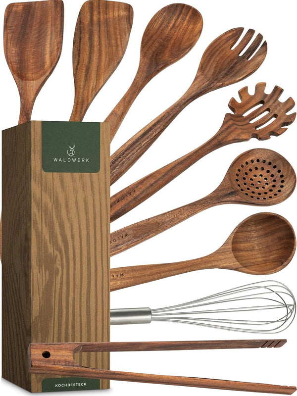 Wooden Spoons for Cooking – 9-Piece Kitchen Utensils Set with Spatula, Tongs, Whisk, Wooden Spoons & Pasta Server – Wooden Utensil Set – Utensil Sets - Cooking Utensils - Non Toxic1