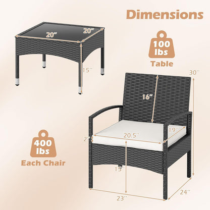 3-Piece Patio Furniture Set, Rattan Bistro Chairs with Soft Cushions, Tempered Glass Top Coffee Table, Outdoor Wicker Conversation Set for Porch Balcony Backyard Poolside (Beige)8