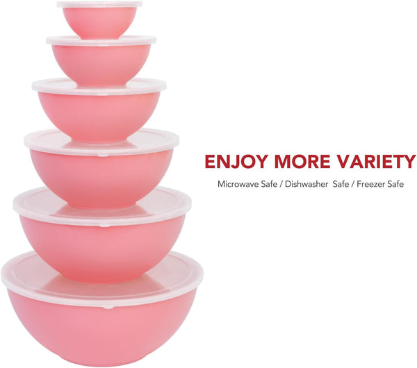 BPA Free Plastic round Mixing Bowl with Lids, 12 Pack Nesting Bowls with Lids Set, Microwave and Dishwasher Safe Prep & Serving Bowls Great for Mixing, Baking, Serving (Pink, 12Pcs)4