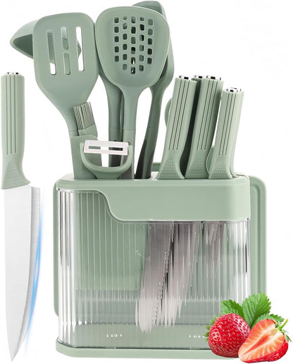 Kitchen Utensils Set and Knife Set with Acrylic Block, 17 Pieces Silicone Utensils Set for Cooking, Stainless Steel Knife Set with Built-In Sharpener, Scissors Spatula Turner (Green)1