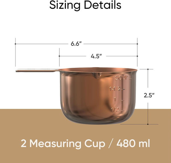 2 Cup Measuring Cup, 480Ml Copper Stainless Steel Metal Measuring Scoop, Easy-Pour Spouts, Engraved Markings, for Dry & Liquid Ingredients3