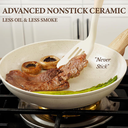 26Pcs Pots and Pans Nonstick Ceramic Cookware Set Nontoxic Kitchen Cooking Set with Steamers Utensils Induction Compatible, PFAS/PFOA Free, Oven and Dishwasher Safe, Cream White4