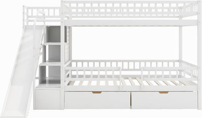 Full over Full Bunk Bed with Storage Staircase, Slide and 2 Drawers, Wood Bunk Bed Frame for Kids, Solid Pine Wood Bed with Guardrail, No Box Spring Needed, White10