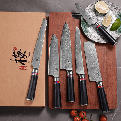 Damascus Steel Kitchen Knife Set, 6 Pieces, Chef'S, Santoku, Bread Knife, Paring Knife & More, Ultra Sharp for Very Fast Cutting, with Gift Box2