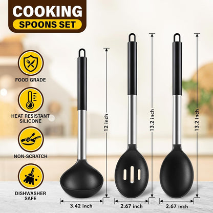 3 Pcs Silicone Cooking Spoon Set, Kitchen Utensils Include Solid & Slotted Spoon, Soup Ladle, Food-Grade Heat Resistant, Non-Scratch Spoons for Serving, Stirring, Draining, Dishwasher Safe, Black2