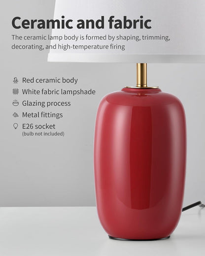 22 Inch Red Ceramic Table Lamps Set of 2, Fabric Lampshade Desk Lamp3