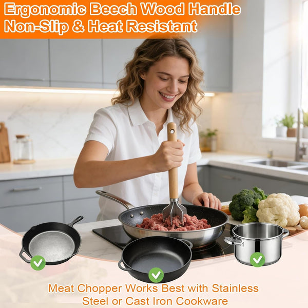 Ground Beef Masher, Stainless Steel Hamburger Smasher Tool with Wooden Handle, 6-Blade Heavy-Duty Kitchen Tool for Beef, Turkey, Potatoes & More3