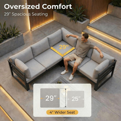 Powder Coated Aluminum Patio Furniture Set with Fire Pit Table, 7 Piece Deep Seat Extra Wide Outdoor Sectional Sofa for 6, L Shaped Luxury Large Conversation Set for Poolside, Light Gray6