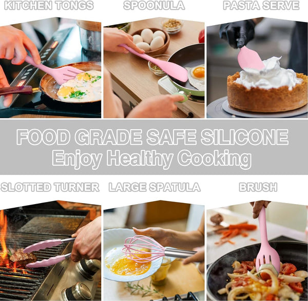 22-Piece Silicone Cooking Utensils Set, Heat Resistant & Dishwasher Safe Kitchen Tools, Non-Scratch Spatula Set for Nonstick Cookware (Pink)7