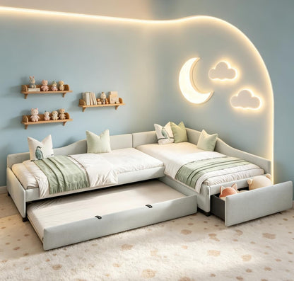 L Shaped Twin Corner Bed for 2 Kids, Upholstered Double Twin Platform Bedframe with Trundle and Drawer, Bluish1