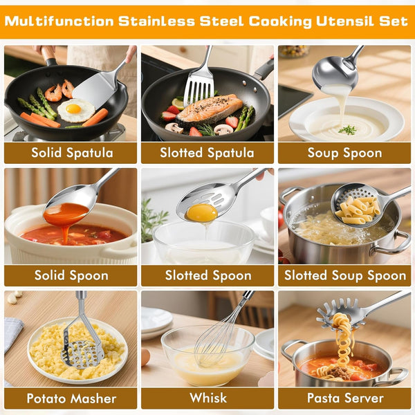 9 Pcs Cooking Utensils Set, Stainless Steel Kitchen Utensils, Heat Resistant Metal Kitchen Tools Include Solid & Slotted Spatula, Serving Spoon, Ladle, Pasta Server,Potato Maseher, Egg Whisk, Silver2