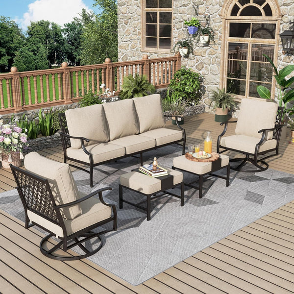 5-Piece Wrought Iron Patio Conversation Set, Swivel Chairs, Beige1