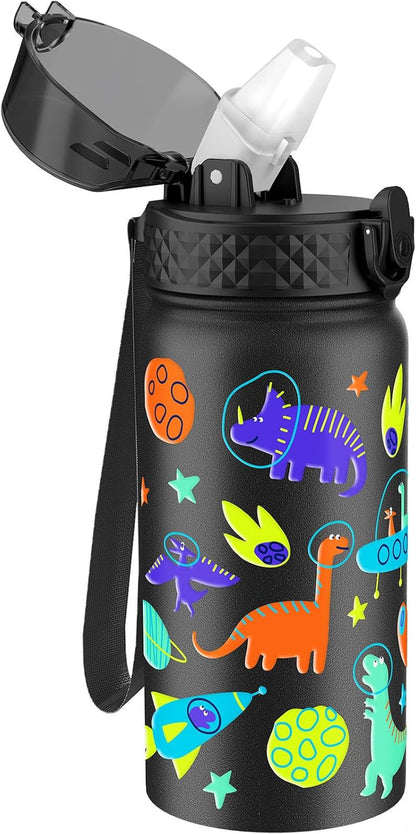 Kids Water Bottle (Straw Lid) - 14 Oz Stainless Steel Travel Bottle, Double Wall Vacuum Leak Proof Kids Cup for School Boys Girls,Space Dinosaur1