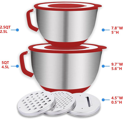 304 Mixing Bowls with Lids Set of 2,Stainless Steel Mixing Bowl with Pour Spout, Non-Slip Handle and Bottoms, 3 Grater Attachments, Measurement Marks & Lid, Size 5QT, 3Qt(Red)3