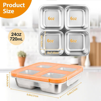 4 Pack Stainless Steel Snack Containers with Lids, 4-Compartment Leakproof Bento Snack Boxes, Reusable Dishwasher Safe Food Storage Containers for Adults, Office, Travel & Meal Prep (4Pack-A)2
