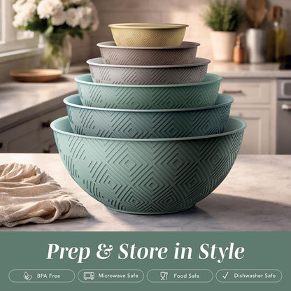 Mixing Bowls with Lids - 12 Piece Plastic Nesting Bowls Set Includes 6 Prep Bowls and 6 Lids, Microwave Safe Mixing Bowl Set, Mint Rhombus3