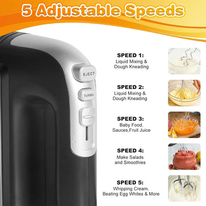 5-Speed 400W Electric Hand Mixer with Turbo – Powerful Handheld | Kitchen Mixer with 5 Stainless Steel Attachments for Dough, Cream, Batter, Eggs & Baking4