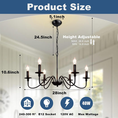 Farmhouse Chandelier for Dining Room: 6-Light Black Industrial Kitchen Island Pendant Light Fixture - Rustic Candle Chandeliers Vintage Modern Hanging Lamp for Bedroom Foyer Bulbs NOT Included2