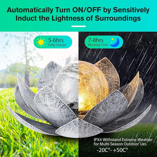 Solar Lights Outdoor Garden, Crackle Globe Glass Lotus Decor, Waterproof LED Metal Flower Decorations for Patio,Lawn,Walkway,Tabletop,Ground3