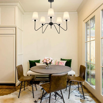 5-Light 30" Black Modern Farmhouse Chandelier with White Fabric Shade8