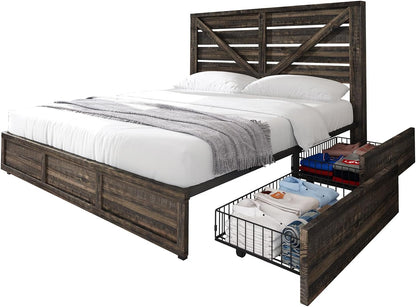 King Size Farmhouse Storage Bed Frame with Headboard & 4 Drawers8