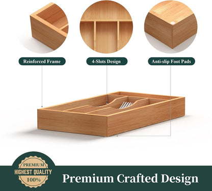 Small Silverware Organizer, Bamboo Kitchen Drawer Organizer, Utensil Holder, Cutlery Tray & Spoon Flatware Storage with Grooved Drawer Dividers (6.7''W X 12''D)6
