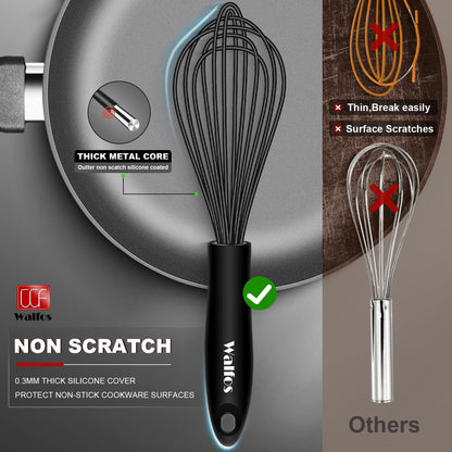 Silicone Whisk,Stainless Steel Wire Whisk Set of 3 -Heat Resistant 480°F Kitchen Whisks for Non-Stick Cookware,Balloon Egg Beater Perfect for Blending,Whisking,Beating,Frothing & Stirring,Black4