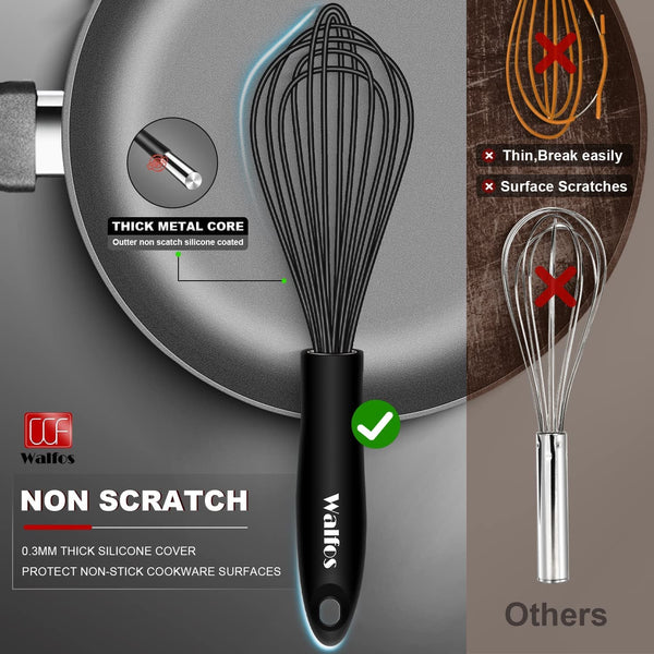 Silicone Whisk,Stainless Steel Wire Whisk Set of 3 -Heat Resistant 480°F Kitchen Whisks for Non-Stick Cookware,Balloon Egg Beater Perfect for Blending,Whisking,Beating,Frothing & Stirring,Black4
