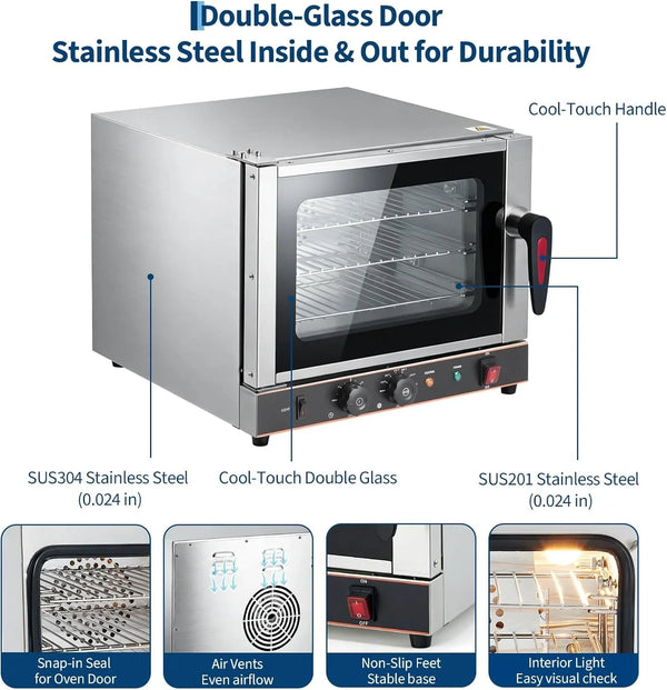 Compact 22L Commercial Countertop Convection Toaster Oven – 3-Tier Air Fryer, 1440W, Adjustable Temp 30°C-300°C, Half-Size, Stainless Steel, with Trays & Wire Racks, Kitchen Appliance,5