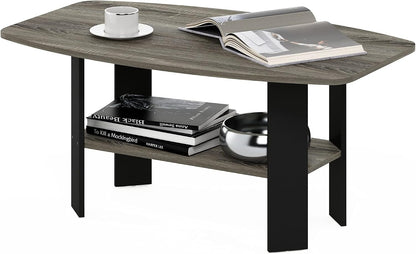 Simple Design Coffee Table, French Oak Grey/Black | Small Side Table Wih Open Shelf, Tabletop with Soft Edges, for Living Room, Home Office,1