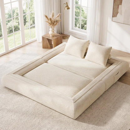 4-In-1 Convertible Folding Sofa Bed, 78"W X 68"L Queen Size Foldable Sleeper Sofa Bed, Wide Corduroy Upholstery, Boneless Mattress Couch with Armrests & Neck Pillow for Living/Bedroom, Beige4