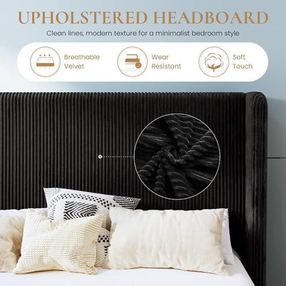 Full Corduroy Platform Bed with Tufted Wingback Headboard, Black4