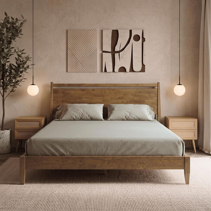 Adept Wooden Bed Frame with Headboard, Solid Wood Foundation with Silent Slats and Wood Central Supports, 1000 Lb Capacity, Effortless Assembly, King - Teak Look1