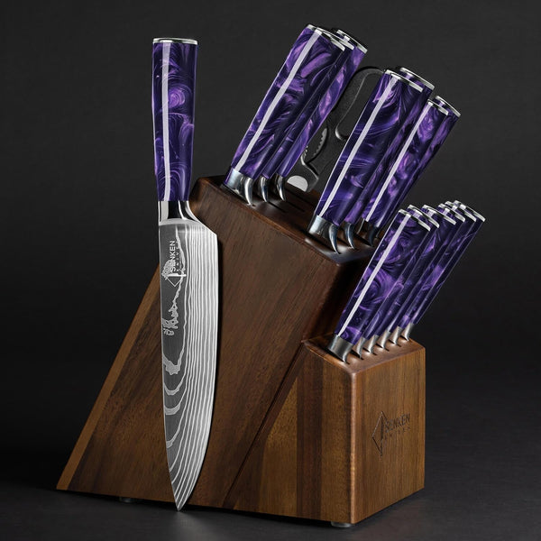 SENKEN 16-Piece Knife Block Set - Japanese High Carbon Stainless Steel with Damascus Pattern, Purple Resin Handles, 6 Steak Knives & Acacia Hardwood Block (Purple)1