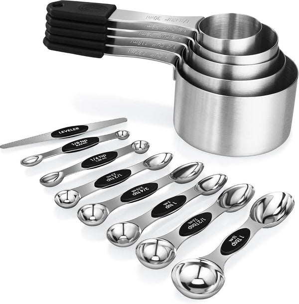Magnetic Measuring Cups and Spoons Set, 5 Stainless Steel Magnetic Measuring Cup and 8 Double Sided Measuring Spoons with 1 Leveler，Kitchen Gadgets for Cooking & Baking1