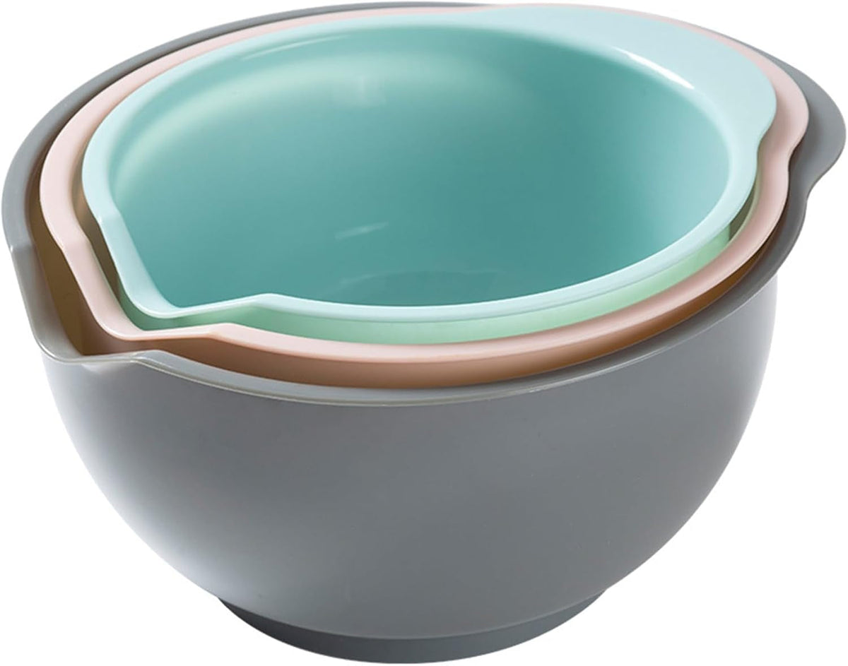 set-of-3-mixing-bowls-with-pour-spout-nesting-design-saves-space-non-slip-bpa-free-dishwasher-safe-plastic-kitchen-cooking-and-baking-supplies-green-pink-grey
