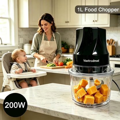 Food Chopper Electric, 200W Motor, 1L Plastic Bowl, Black | Dual Blades, 2 Speed Switch, Overheat Protection, Anti-Slip Pad, Black, 3 Years Support6
