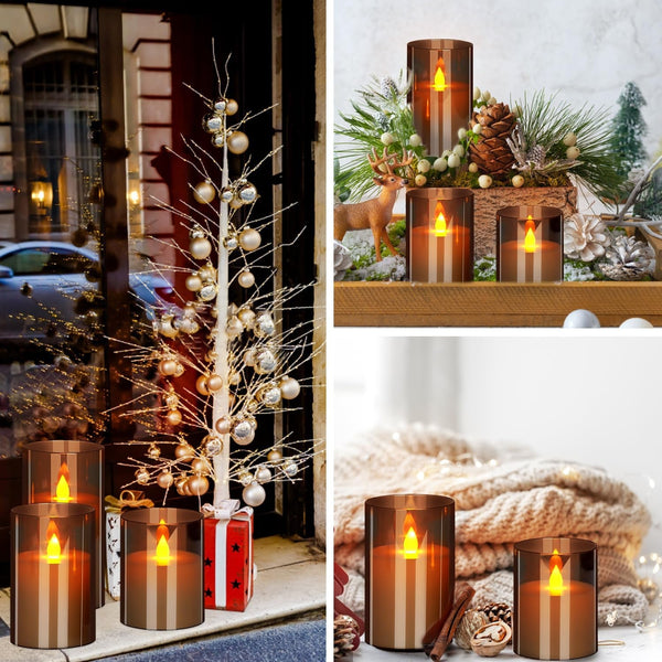 Flameless Candles 4" 5" 6" Acrylic Glass Pillars 3" Diameter Battery Operated Flickering Candles Include 8-Key Remote with Timer Function 400+ Hours (Gray, Warm Light 3 Pack)5