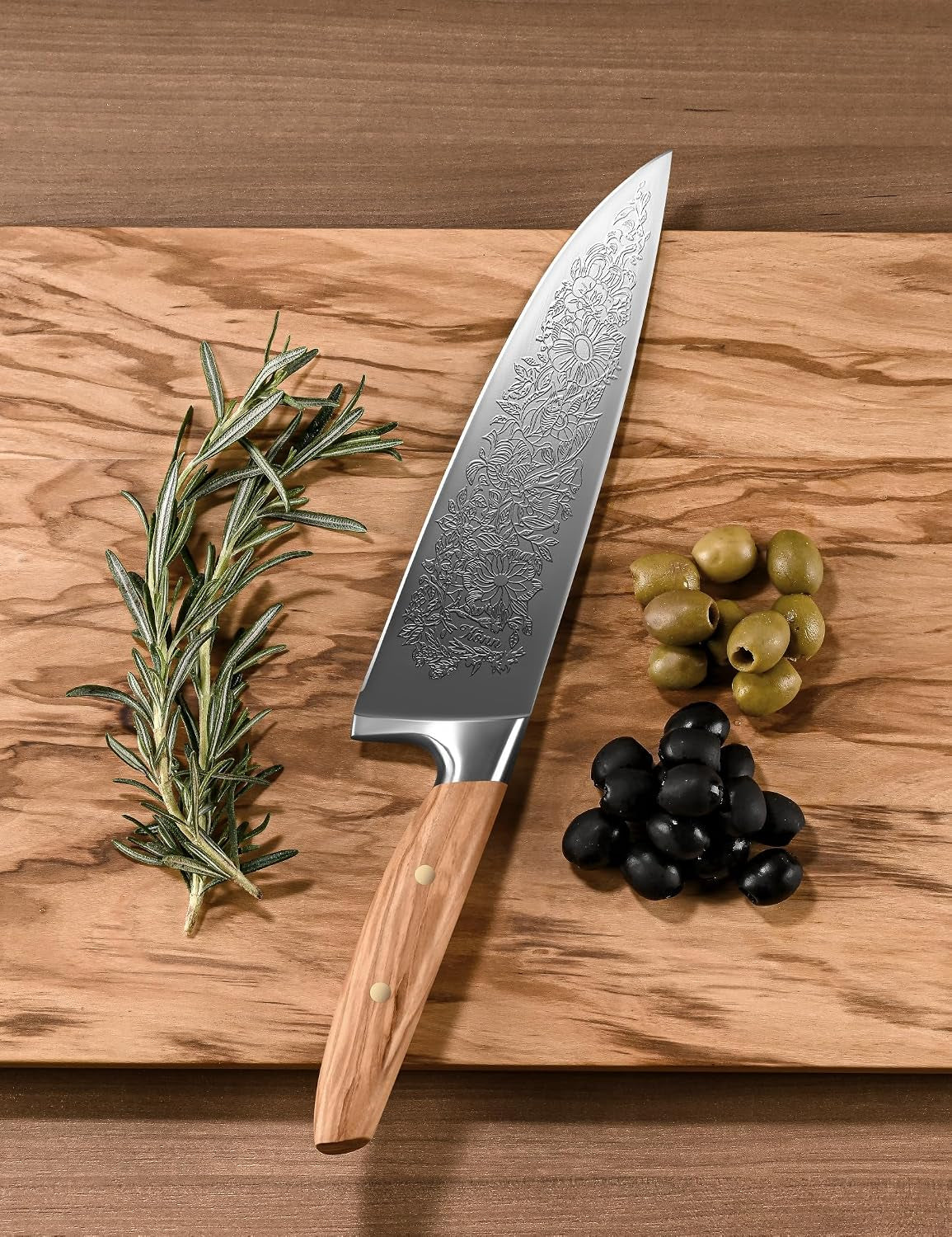 chef-kitchen-knife-8-embossed-botanical-blade-olive-wood-handle