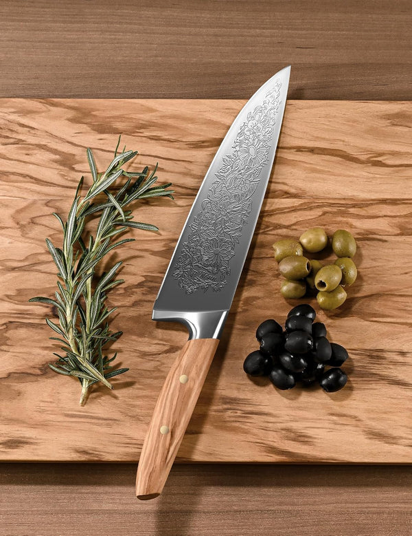 Chef Kitchen Knife 8", Embossed Botanical Blade, Olive Wood Handle8