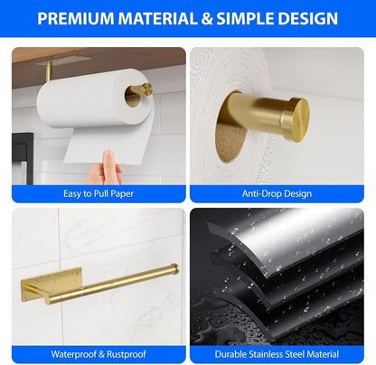 Paper Towel Holder under Cabinet, Self-Adhesive,No Drilling, Stainless Steel, Wall-Mounted for Kitchen and Bathroom, Easy Install, Durable, Space-Saving, Ideal for Home, RV (Gold, 1 Pack)3