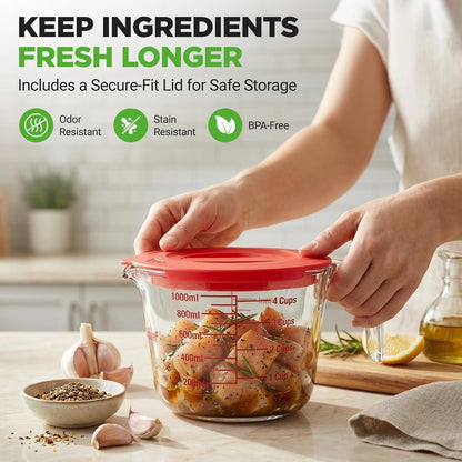 1,2 and 4 Cups Glass Measuring Cup Set with Lids (8, 17 and 34 Oz) - Heat-Resistant Borosilicate Liquid Measure Cups with Easy-Read Scale for Cooking, Baking & Food Storage, Dishwasher Safe6