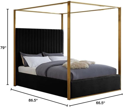 Meridian Furniture Jonesblack-Q Jones Collection Modern | Contemporary Upholstered Queen Bed, Black Velvet, Channel Tufting, Brushed Brass Frame, 66.5" W X 86.5" D X 79" H, Black, Queen3