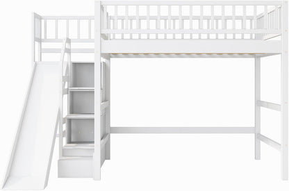 Full Size Loft Bed with Storage Staircase, Slide & LED Light, Wooden Bunk Bed for Bedroom with Built-In Shelves, White6