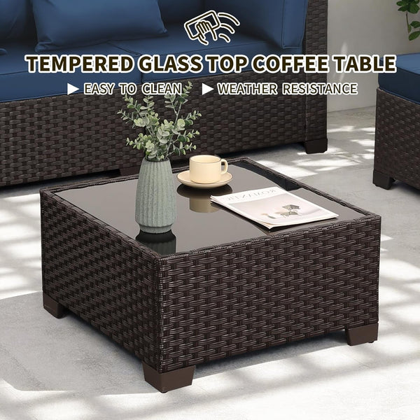 Outdoor Patio Furniture Set 7 Pieces Wicker Sectional Sofa Brown Rattan Conversation Couch with Coffee Table, Anti-Slip Thick Nave Blue Cushion7