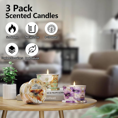 3 Pack Scented Candles-Lavender & Thyme, Vanilla Cake, Jasmine & Musk & Sandalwood, Travel Tin Candle Set, 2.2Oz Each, 8-10H Burn Time, Soy Wax, Cotton Wick5
